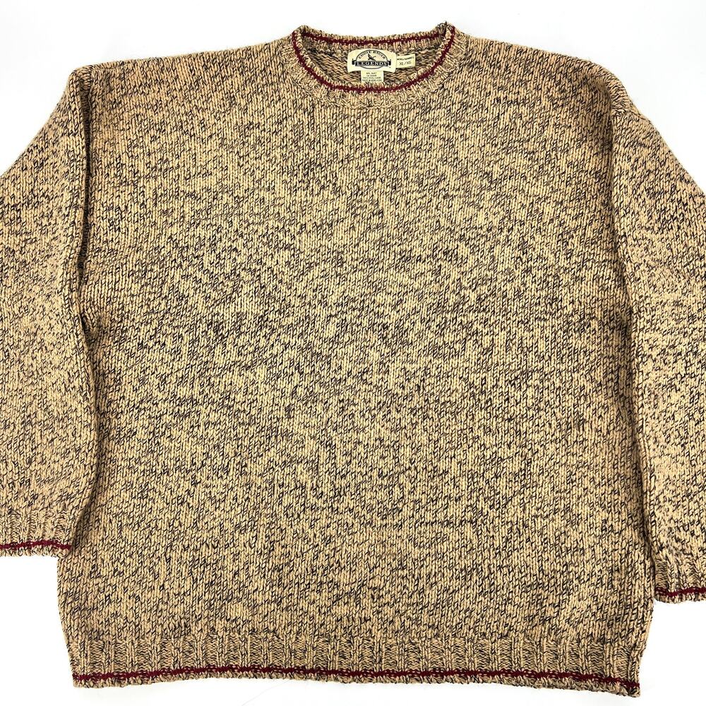 VTG Hong Kong Eddie Bauer Legends Tan Crewneck Wool Sweater Red Trim Size XL